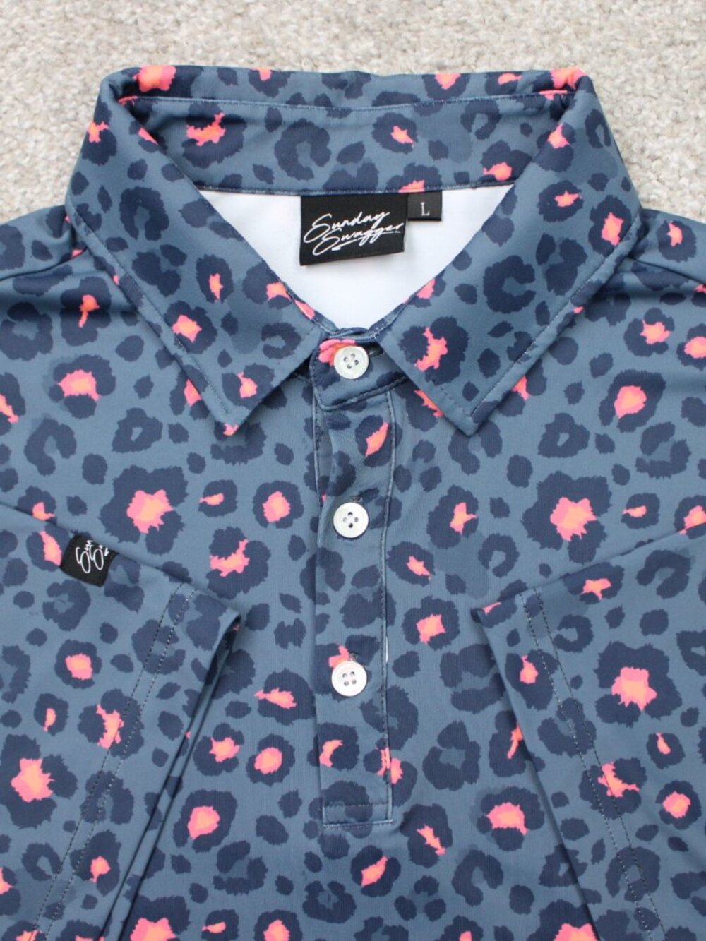 Sunday Swagger Polo Shirt Mens Large Blue/Pink Geometric Golf Short Sleeve
